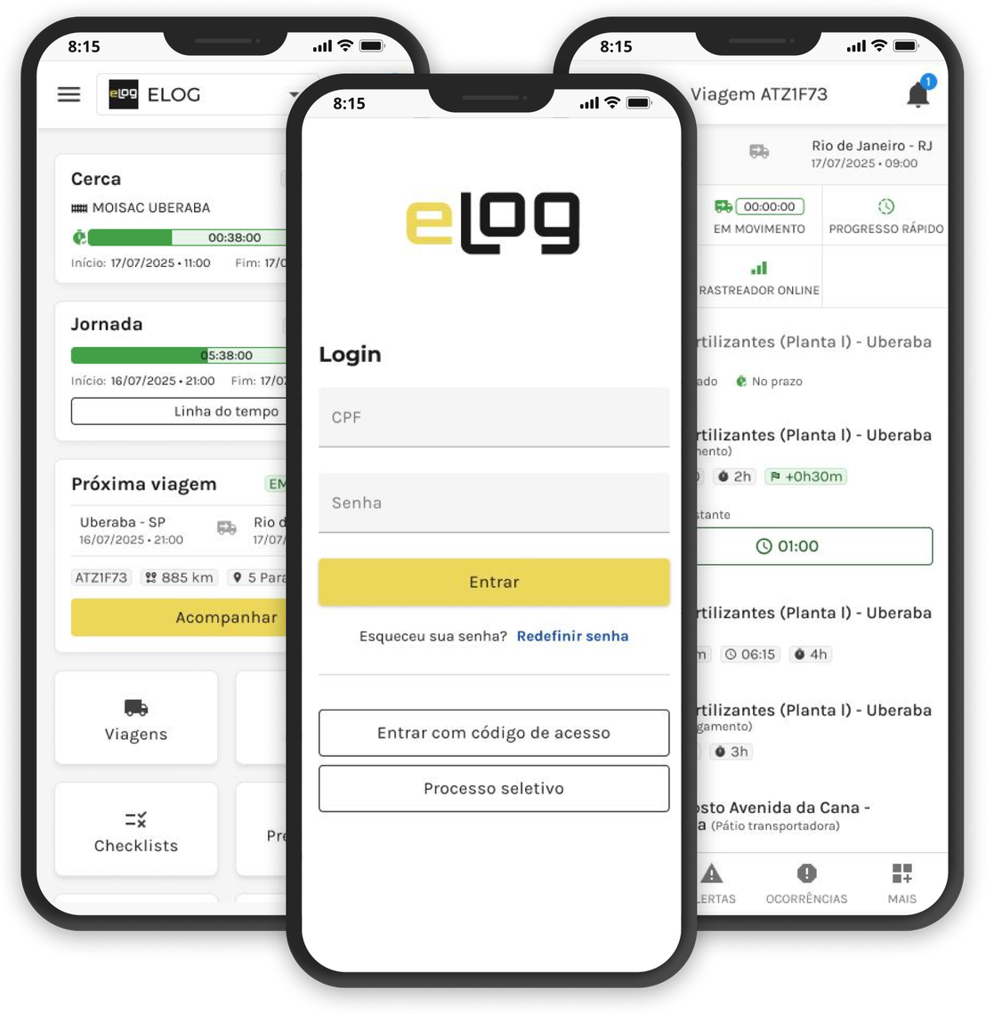 Telas do app eLog Motorista: início com cerca, jornada e próxima viagem; login; e acompanhamento da viagem.